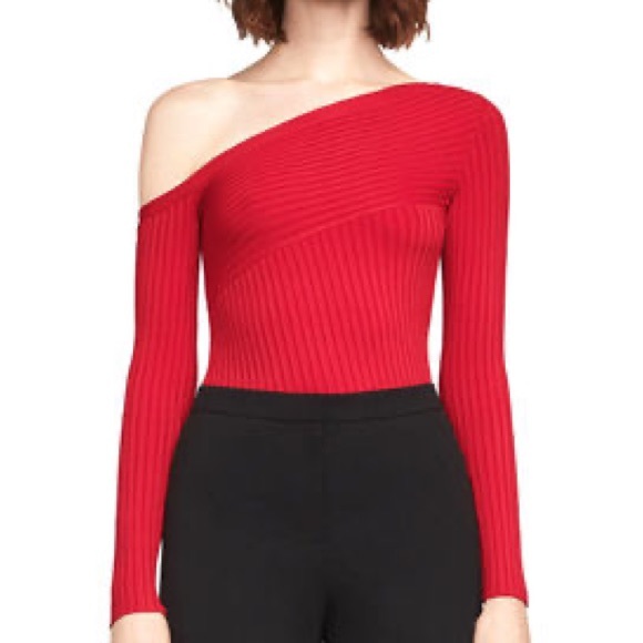 BCBGMAXAZRIA Women's Ribbed Off-Shoulder Sweater – Fitted Long Sleeve Top With Sculpted Neck